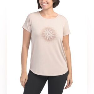 GAIAM Mushroom Beige Mindful Graphic Floral Front Short Sleeve Yoga Crew Tee